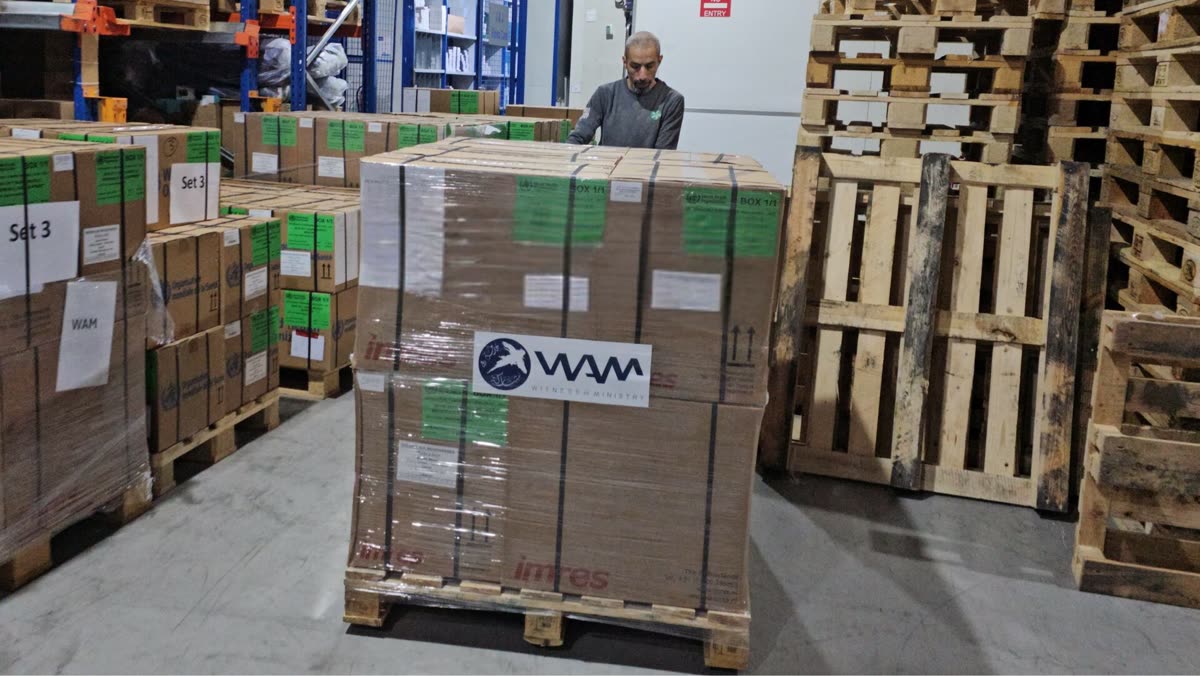 A shrink-wrapped pallet of cartons marked with the WAM logo on a warehouse floor, a worker behind it
